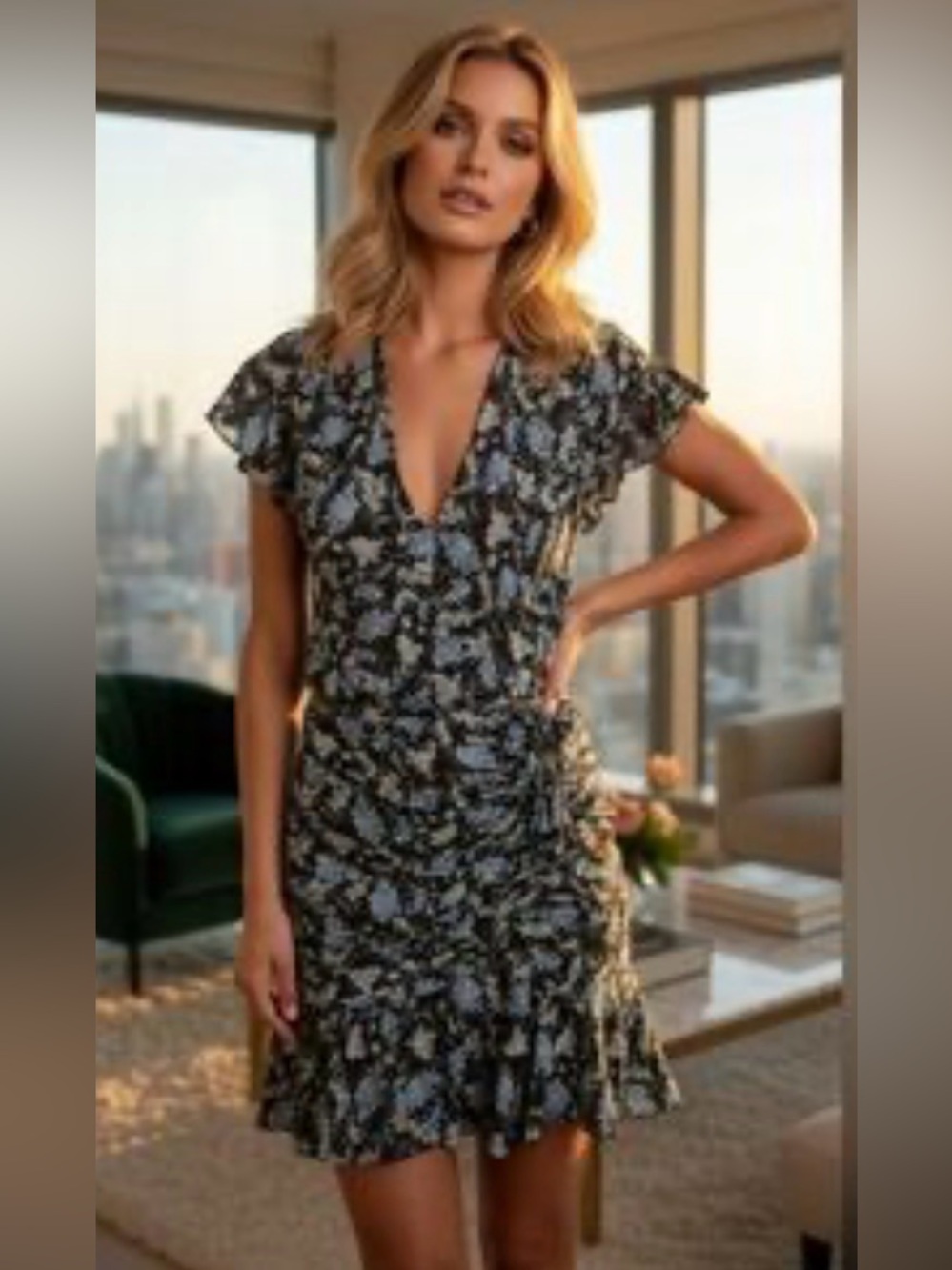 Veronica Beard Black Mini Dress with Blue Floral Print